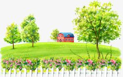 卡通花草风景店铺背景红色小房子和小树高清图片