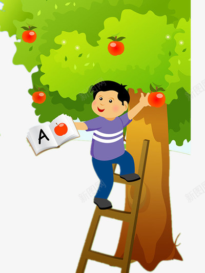 上树摘苹果的男孩png免抠素材_新图网 https://ixintu.com 书本 梯子 绿色 英文字母