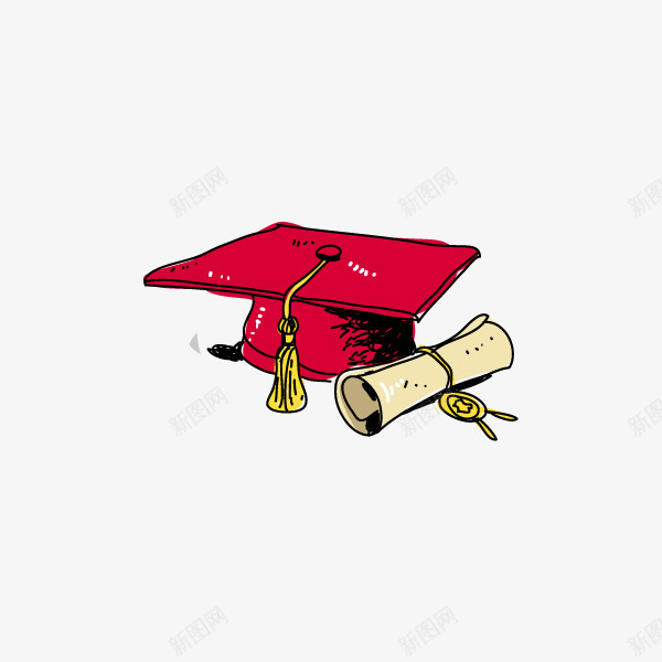 红色博士帽和毕业证书png免抠素材_新图网 https://ixintu.com 学生 手绘图 毕业证书 水墨 红色博士帽 纸质