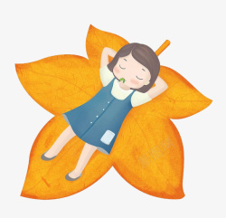 橘色头发女生卡通睡在叶子上的女孩高清图片