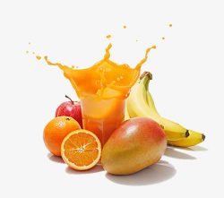 橙汁飞溅一堆水果与橙汁高清图片