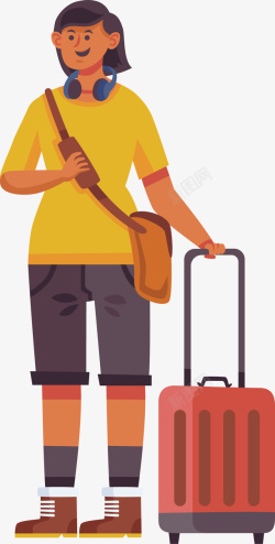黄色上衣女生卡通旅行者背包客矢量图素材
