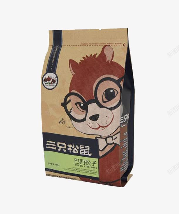 食品包装自立袋png免抠素材_新图网 https://ixintu.com 三只松鼠 产品实物 包装设计 坚果 巴西松子 戴眼镜的松鼠 自立袋 零食