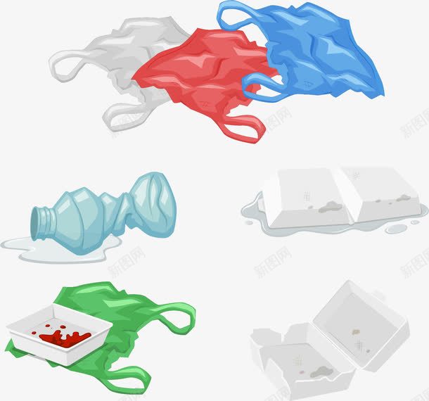 手绘塑料垃圾png免抠素材_新图网 https://ixintu.com 卡通垃圾袋 垃圾袋 塑料制品 塑料袋 废旧矿泉水瓶 手绘 餐盒