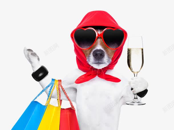 逛街的宠物狗png免抠素材_新图网 https://ixintu.com 动物素材 宠物狗 红色头巾 购物袋 香槟杯