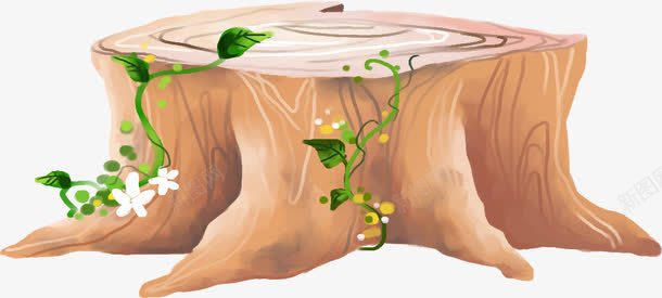 木墩png免抠素材_新图网 https://ixintu.com 凳子 小花 木墩 树藤 花朵