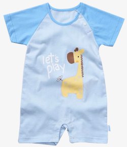 蓝色短袖衬衣蓝色卡通长颈鹿图案短袖连体婴儿高清图片