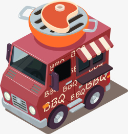 彩色外卖快餐车矢量25D卡通立体烤肉BBQ快餐车高清图片