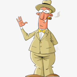 商人插画卡通微笑的戴帽子男人举手抽雪茄高清图片