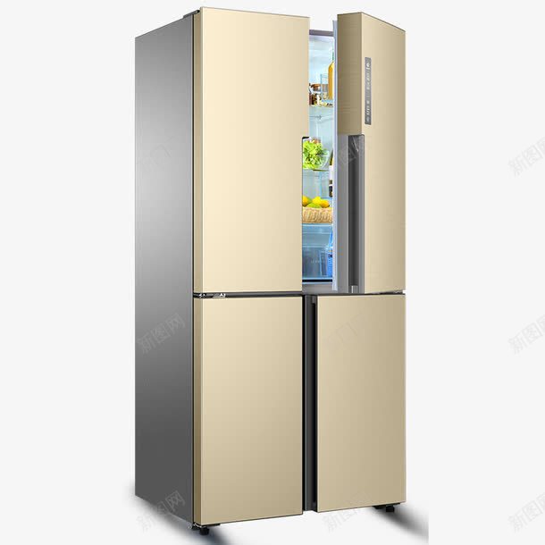 半打开金色四门冰箱png免抠素材_新图网 https://ixintu.com 冰柜 冰箱 制冷 双开门冰箱 多门冰箱 家用电器 对开门冰箱 电器