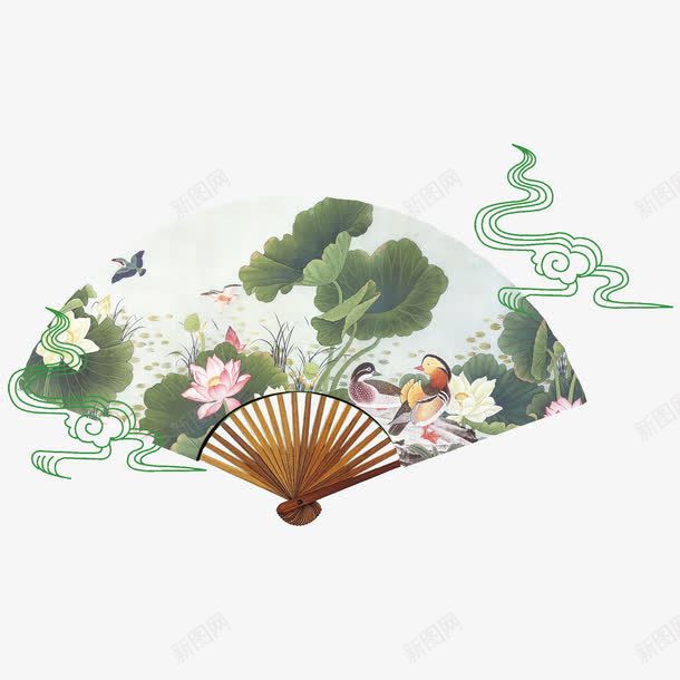 莲花扇子png免抠素材_新图网 https://ixintu.com 创意 意境 扇子 清新 祥云 花卉 荷叶 莲花