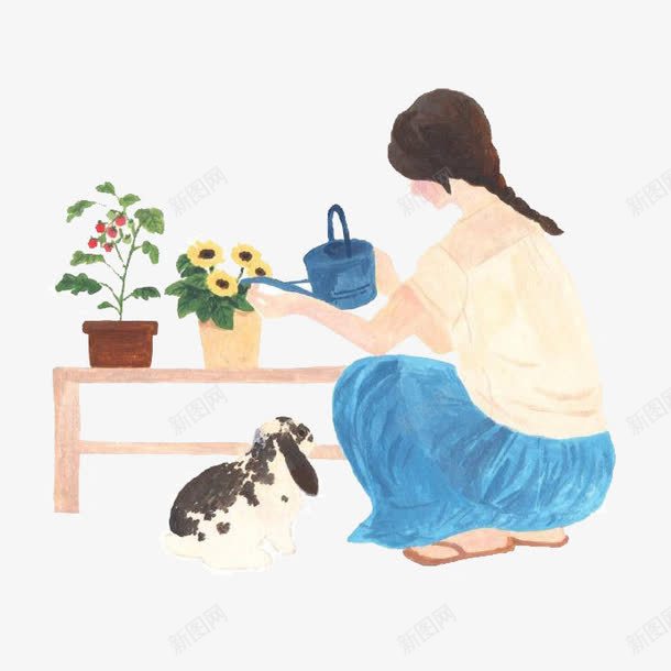 浇花的女孩与小兔子png免抠素材_新图网 https://ixintu.com 兔子 女孩 小清新 花朵