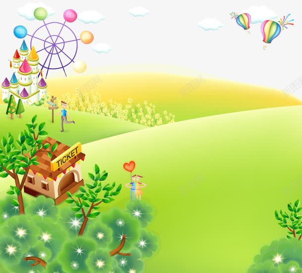 卡通手绘风景草地房子城堡氢气球矢量图ai免抠素材_新图网 https://ixintu.com 卡通的摩天轮 卡通的风景 城堡和房子 手绘的草地 飘动的氢气球 矢量图