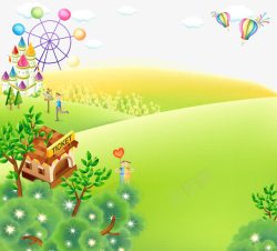 卡通手绘风景草地房子城堡氢气球矢量图素材