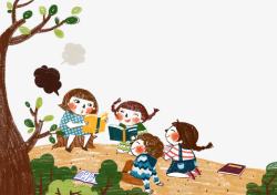 儿童读书插画画大树下读书蜡笔水彩儿童插画高清图片