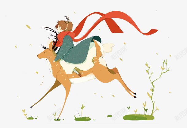 骑着小鹿的少女png免抠素材_新图网 https://ixintu.com PNG PNG免费下载 PNG图片 少女 手绘 森林 水彩 鹿