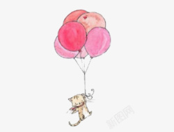 少女与猫小清新手绘气球与猫可爱高清图片