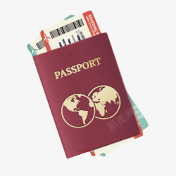 证明红色封面国际护照夹着机票实物图标高清图片