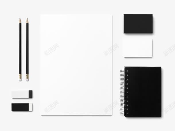 办公室用品png免抠素材_新图网 https://ixintu.com 本子 橡皮 画纸 白色 铅笔 黑色