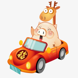 玩车的小猪春节可爱小猪坐在写着福字的车上矢量图高清图片