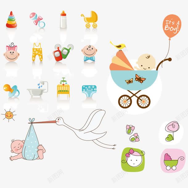可爱婴儿物品主题png免抠素材_新图网 https://ixintu.com 云朵 婴儿床 婴儿车 小鸟 气球 玩具 衣服