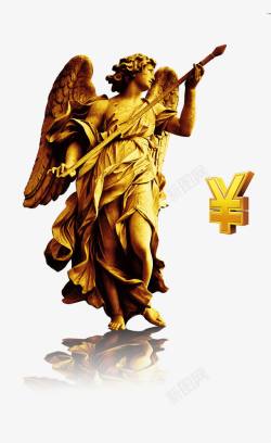 金色雕塑戴着翅膀的人物雕像高清图片