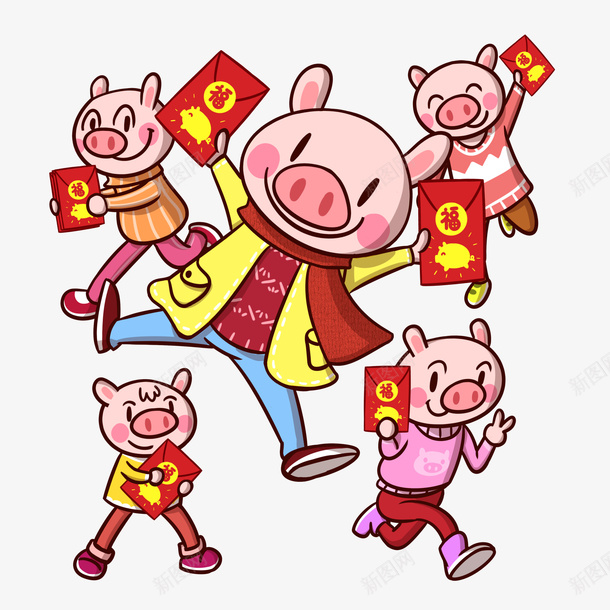 2019猪年卡通小伙伴过新年png免抠素材_新图网 https://ixintu.com 2019猪年 卡通猪 围巾 小伙伴 新年 红包