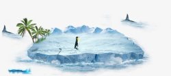 冰块上的男子冰块上的企鹅鲨鱼背景高清图片