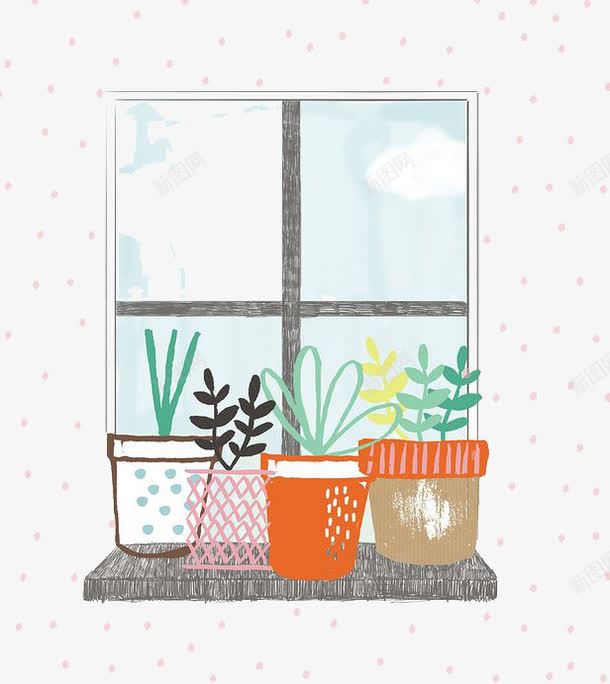 卡通植物png免抠素材_新图网 https://ixintu.com 卡通 手绘 植物 水彩 秋天 窗外 花盆 装饰
