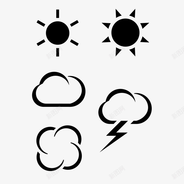 黑白天气图标剪影png_新图网 https://ixintu.com 云 天气 天气图标 太阳图标 风雨气温图 黑白剪影