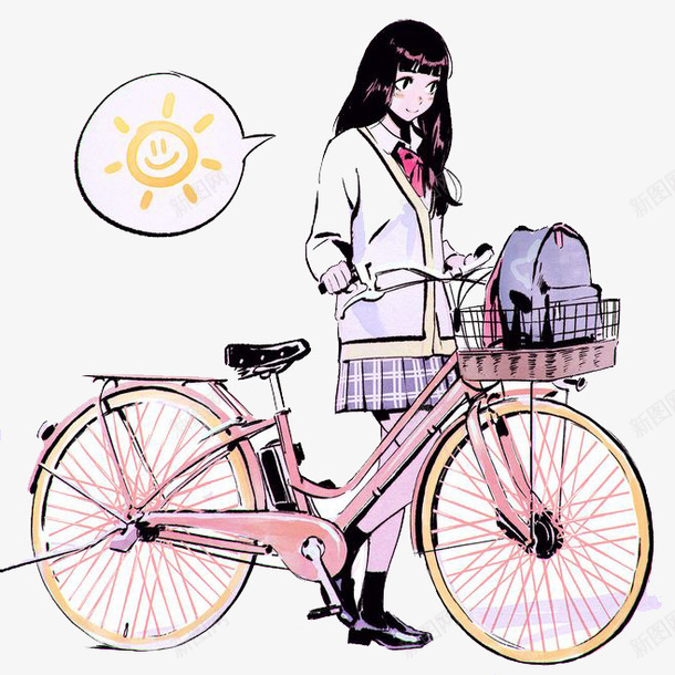 卡通女孩png免抠素材_新图网 https://ixintu.com 卡通 女孩 学生 手绘 放学 水彩 自行车 装饰 长发