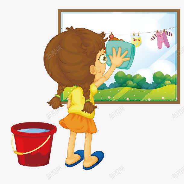 擦玻璃png免抠素材_新图网 https://ixintu.com 女孩 学生 打扫卫生 水桶