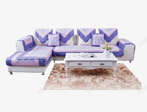 沙发茶几套组png免抠素材_新图网 https://ixintu.com 产品实物 套组 家具 布艺 沙发 白色茶几 紫红相间 花色地毯