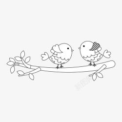 娇小可爱两只鸟儿停留在树枝简笔画高清图片