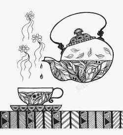 黑白茶壶手绘倒茶高清图片