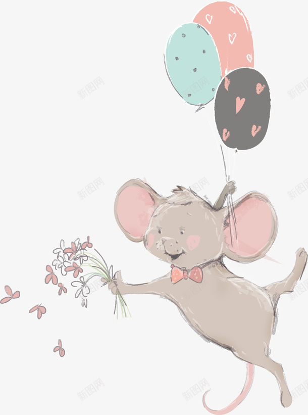 手绘玩耍的小老鼠png免抠素材_新图网 https://ixintu.com 动物 卡通手绘 可爱 坐着抬起一只爪子的 垫脚 小老鼠 棕色 气球 水彩 老鼠抬脚 老鼠生日 花朵