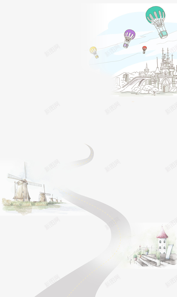 绘画城堡psd免抠素材_新图网 https://ixintu.com 城堡 彩绘 热气球 素描 绘画 道路 隐形的路