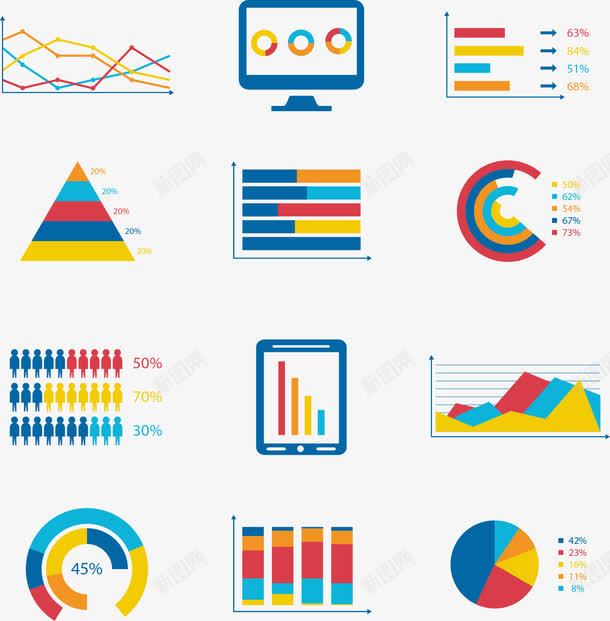 手绘彩色扁平图表数据图标png_新图网 https://ixintu.com 手绘 折线图 数据 柱状图 环形图 饼状图