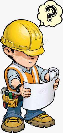 有疑问的建筑工人卡通手绘看图纸的建筑施工人员高清图片