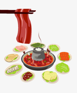 砂锅手绘一桌子美味食物的火锅高清图片