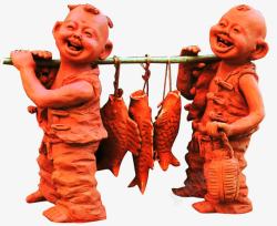 非文化遗产泥塑挑鱼的孩童高清图片