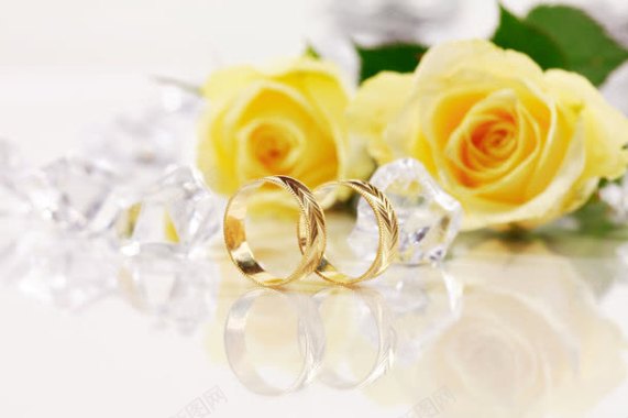 情侣戒指与黄色玫瑰花背景