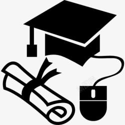 毕业文凭毕业帽和毕业证书与鼠标图标高清图片