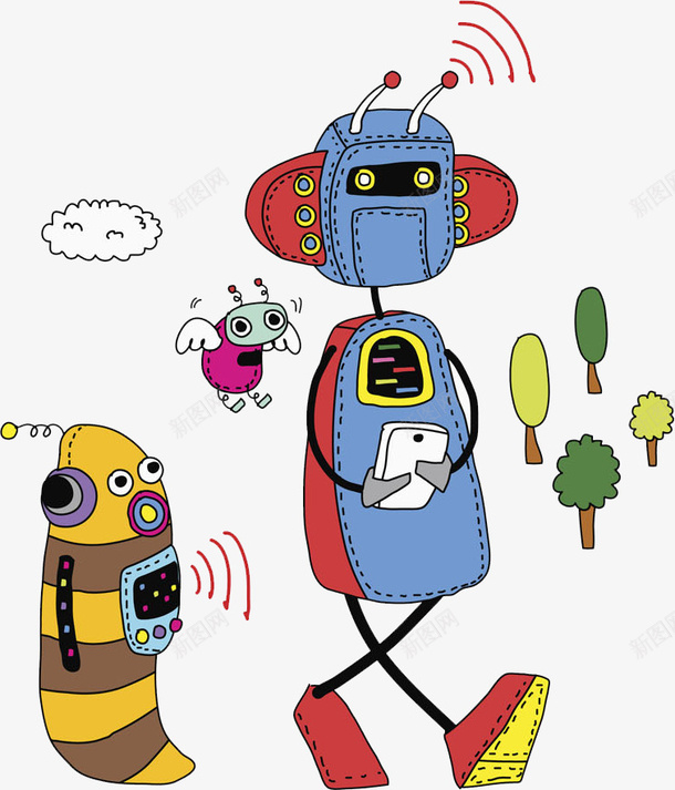 手绘机器人png免抠素材_新图网 https://ixintu.com WiFi信号 机器人 树木 水彩 红色 绿色 翅膀 蓝色
