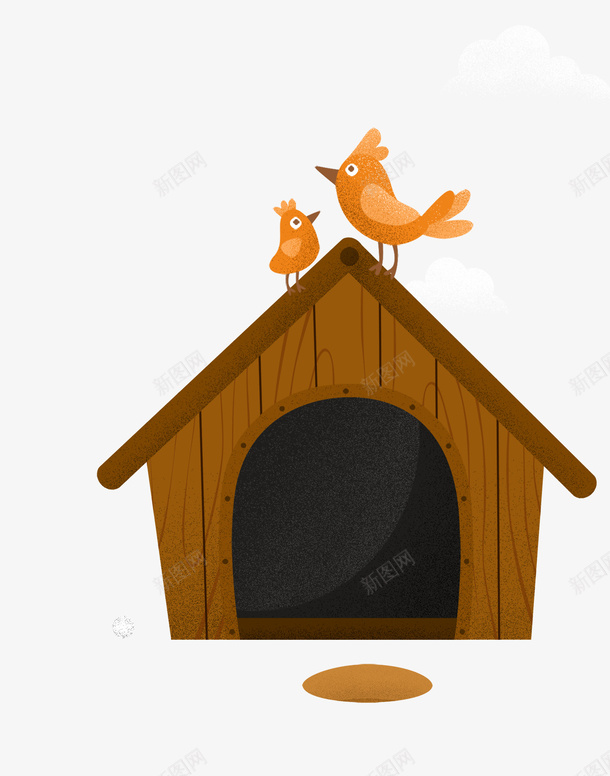 com 两只小鸟 卡通 房子 手绘 木头 棕色的 狗窝小鸟装饰