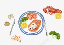 三文鱼卡通午餐水彩画高清图片