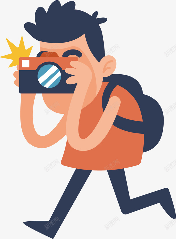 举着照相机的男人矢量图ai免抠素材_新图网 https://ixintu.com 拍照 摄影师 橘色上衣 男性 蓝色背包 矢量图