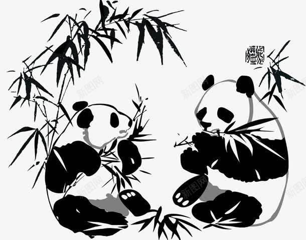 吃竹子的大熊猫png免抠素材_新图网 https://ixintu.com 中国画 大熊猫 竹子 黑白