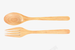 工具花纹棕色木汤勺和叉子实物高清图片
