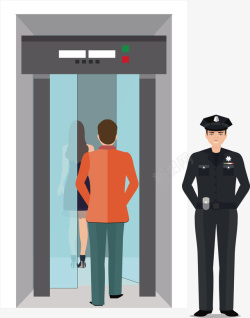 灰色电梯一个保安与电梯矢量图高清图片
